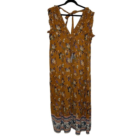 RAGA Morning Glories Maxi Dress Size L Golden Brown Floral V Neck Ruffles Tiered - Picture 1 of 8